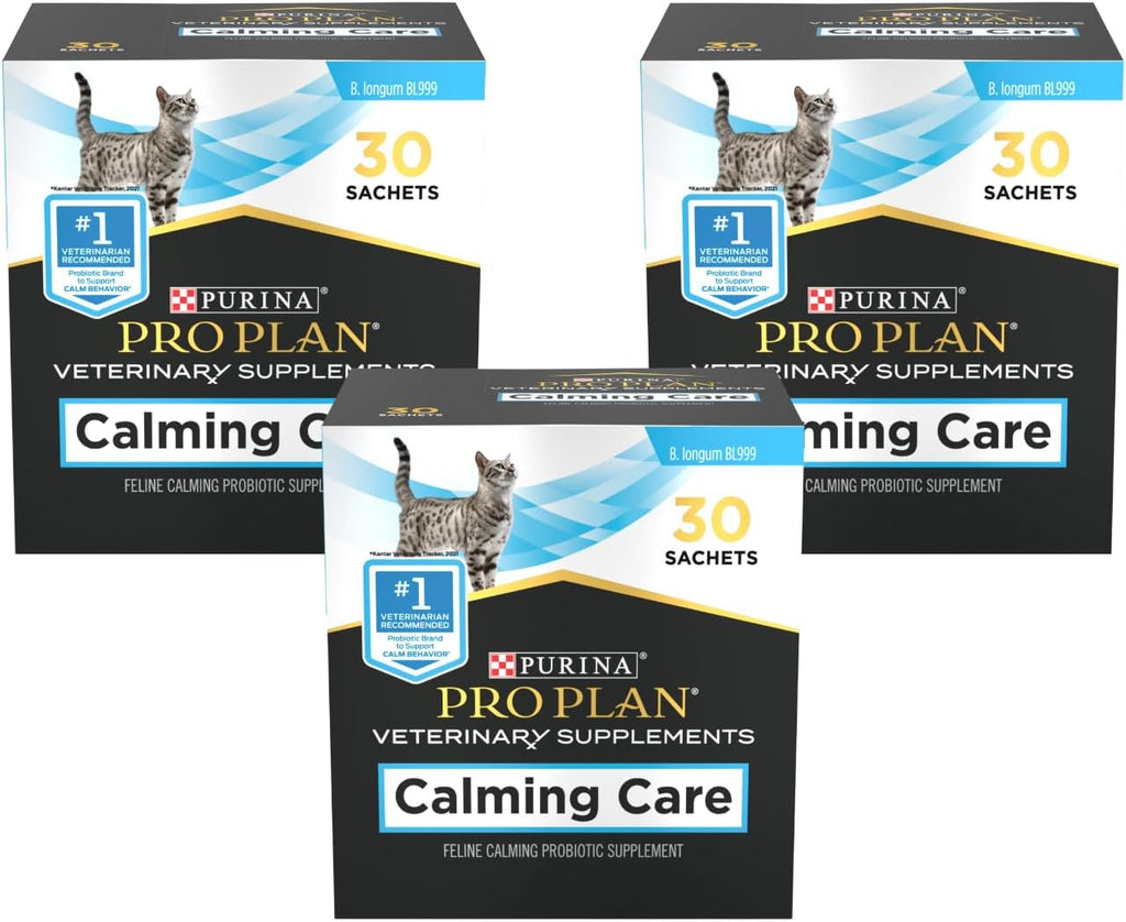 Purina Pro Plan Veterinary Supplements Calming Care for Cats, Feline Calming Probiotic Supplement, Cat Digestive and Behavioral Support, B. Longum BL999, 30 Sachets (Pack of 3)