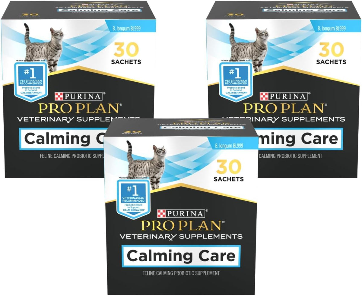 Purina Pro Plan Veterinary Supplements Calming Care for Cats, Feline Calming Probiotic Supplement, Cat Digestive and Behavioral Support, B. Longum BL999, 30 Sachets (Pack of 3)