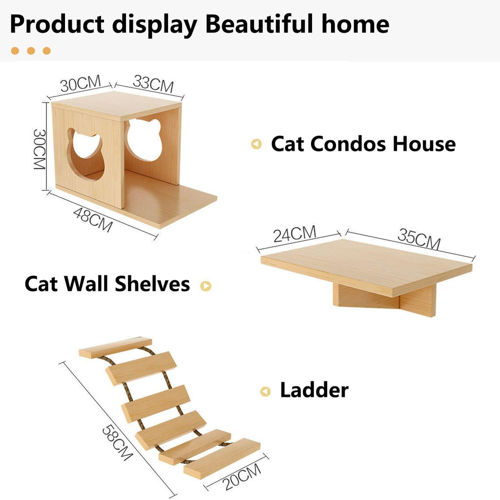 Cat Wall Shelves and Furniture Set with Condos, Perches, Bridge Ladders, Sisal Scratching Posts - Steps and Houses for Cats (B)