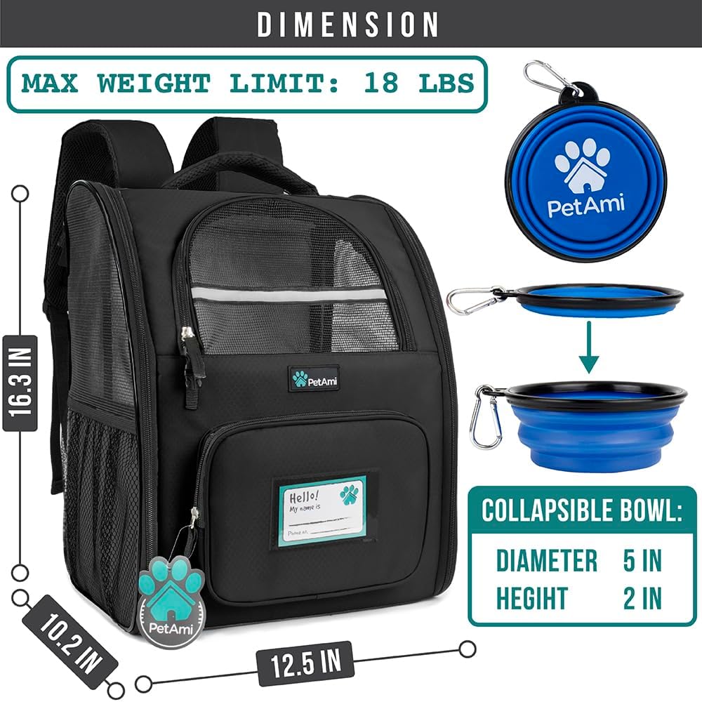 PetAmi Dog Backpack Carrier Airline Approved Cat Pet Puppy Bag, Black
