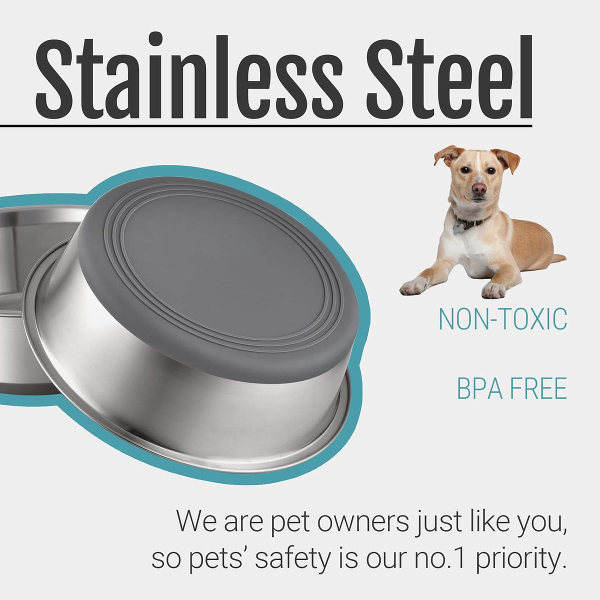 Nonslip Stainless Steel Dog Bowls, 7.6 US Cup, 2 Count | No slide silicone bottom, Dishwasher safe, Easy to clean, Stackable design 