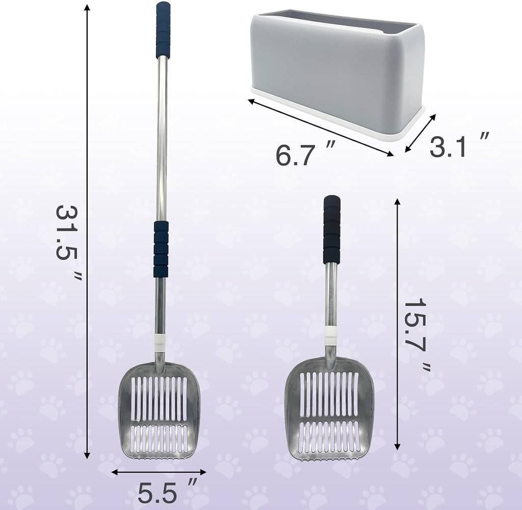 PINVNBY Cat Litter Scooper, Long Handle Litter Sifter Scoop with Litter Scoop Holder Stainless Steel Kitten Scooper Deep Kitty Litter Scooper with Box Metal Detachable Sifting Litter Shovel Set