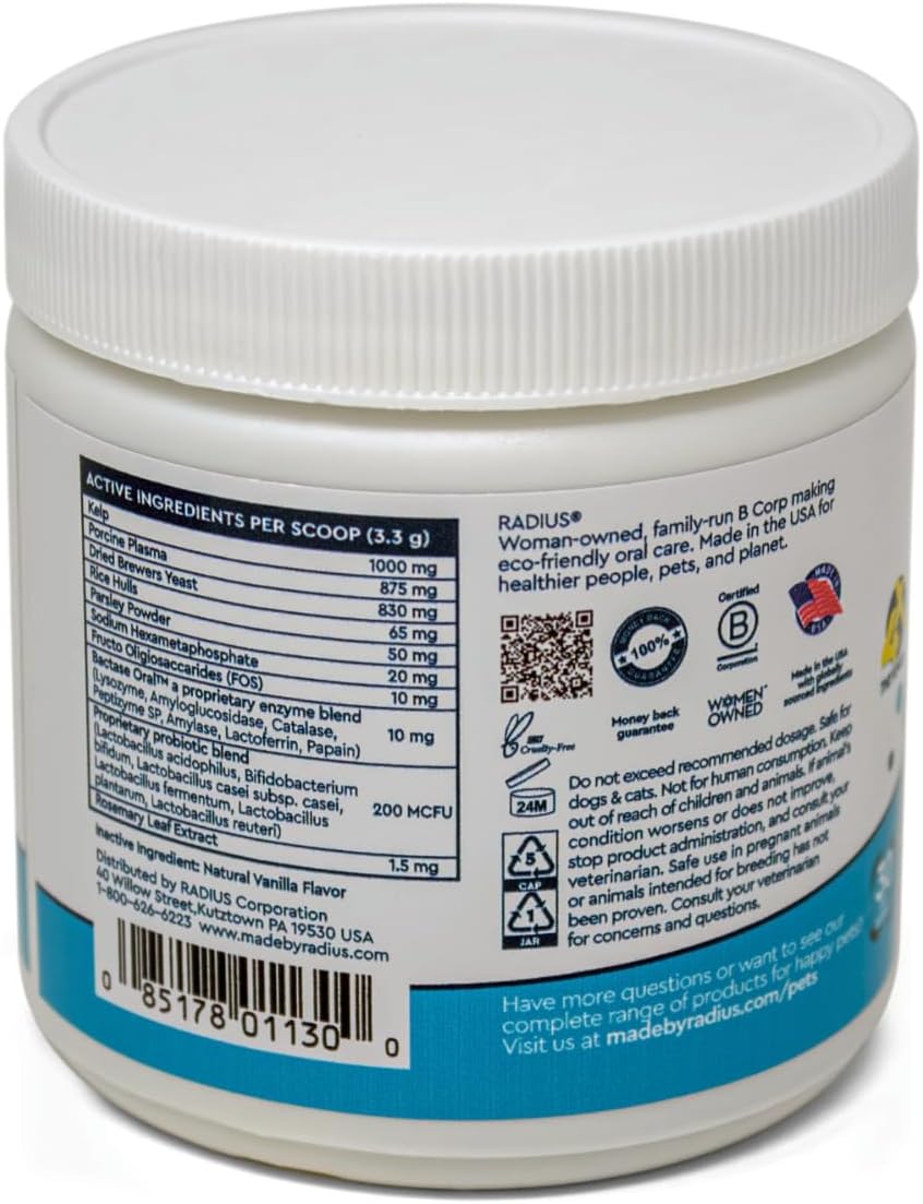 Radius OralPro+ Pet Dental and Gut Powder - Enzyme-Powered Dog and Cat Plaque and Tartar Remover - Natural Vanilla Daily Meal Topper for Fresher Breath & Digestive Balance - 3.5 Oz, Scoop Included