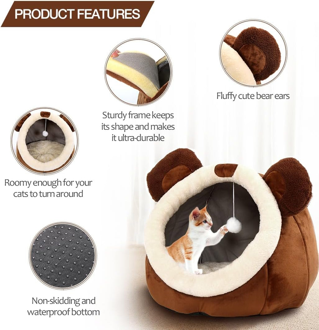 Cat Beds for Indoor Cats -Bear Animal-Shaped Cat Cave Bed with Toy ,Brown L