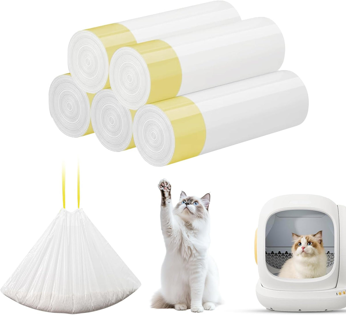 100 Count Cat Litter Box Liners for Self-Cleaning Cat Litter Box, Compatible with MeoWant MW-SC01/MW-SC02/MW-LR01 PETKIT PuraX PuraMax Drawstring Replaced Bags Waste Bags (5Pack/100 Counts）