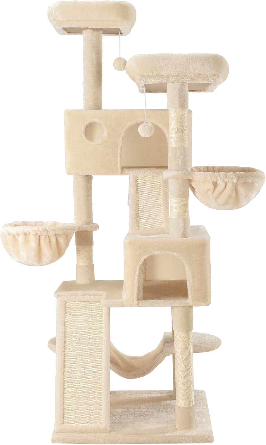 SHA CERLIN 65in Larger Cat Tree Tower Condo for Indoor Kitties/Multi-Level Furniture Activity Center with Wide Base/Cozy Plush Cat Perches/Baskets/Sisal Scratching Posts and Hammock/Beige