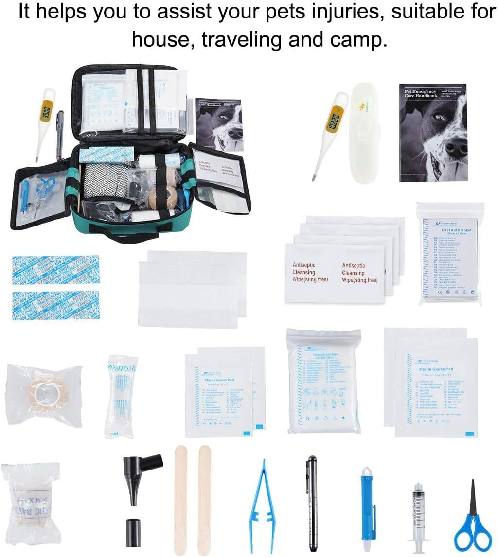 Pet First Aid Kit for Dog, Cat, Rabbit and Other Animal,with Thermometer, Syringe, Otoscope, Perfect for Home Care and Outdoor Travel Emergencies