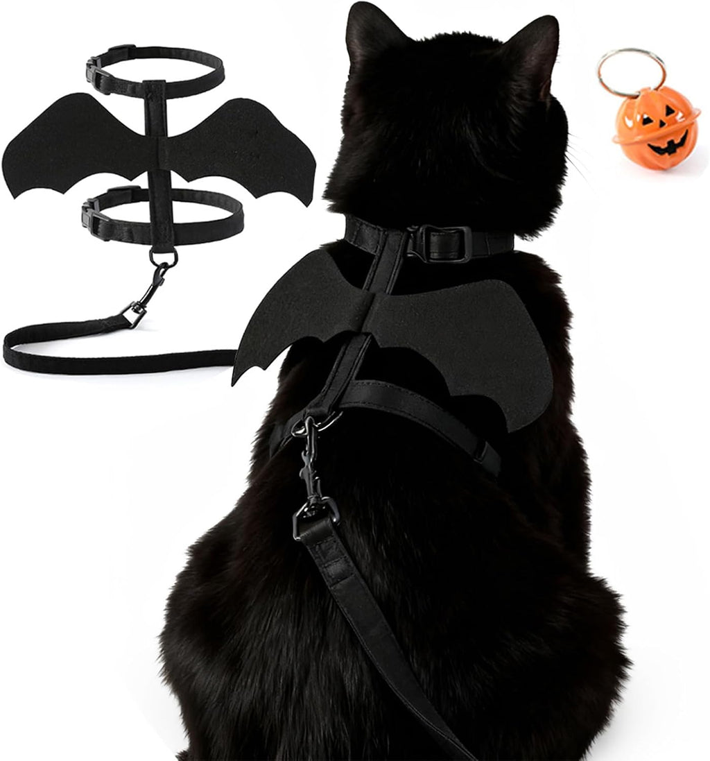 LeLehome Halloween Costume Pet Harness and Leash Set for Cats & Dogs - Cute Bat Wings with Pumpkin Jingle Bell, Adjustable Straps for Kitten, Puppy, Rabbit, Party Cosplay Accessory (S)
