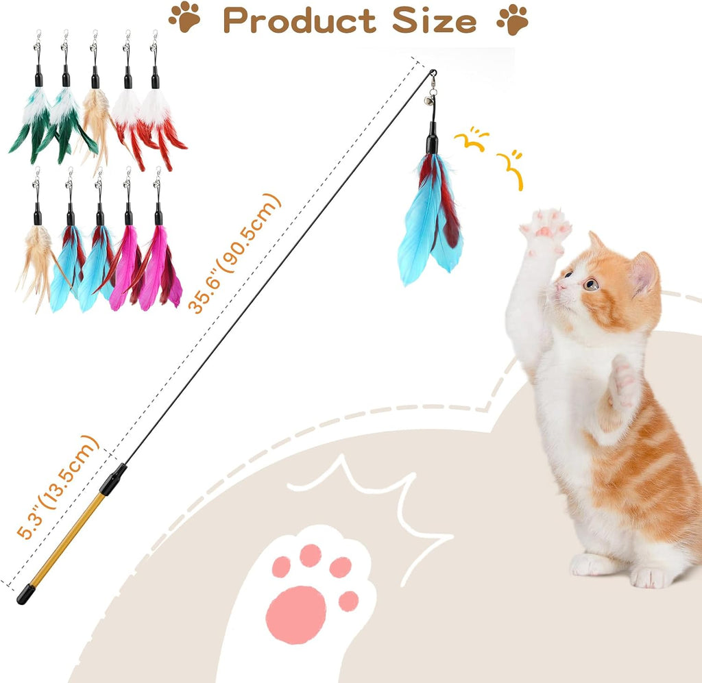 Pawaboo Cat Feather Wand Interactive Toy, 10 Feathers + 1 Wand with Bell | Cat Feather Teaser Toys Flying Catcher Extra Long 34.5" Wand Exerciser Playing Cat Toy Wands for Kitten, Multi-Color Blend