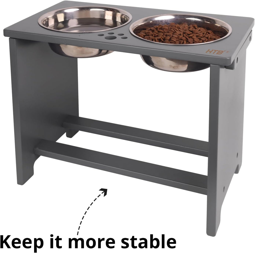 HTB Elevated Dog Bowl Stand with 2 Stainless Steel Bowls-14 H X-Large Grey | Raised Dog Bowl Stand, 14"tall, 48 Oz Bowls, for Large Sized Dogs, Pet-safe, Solid Bamboo