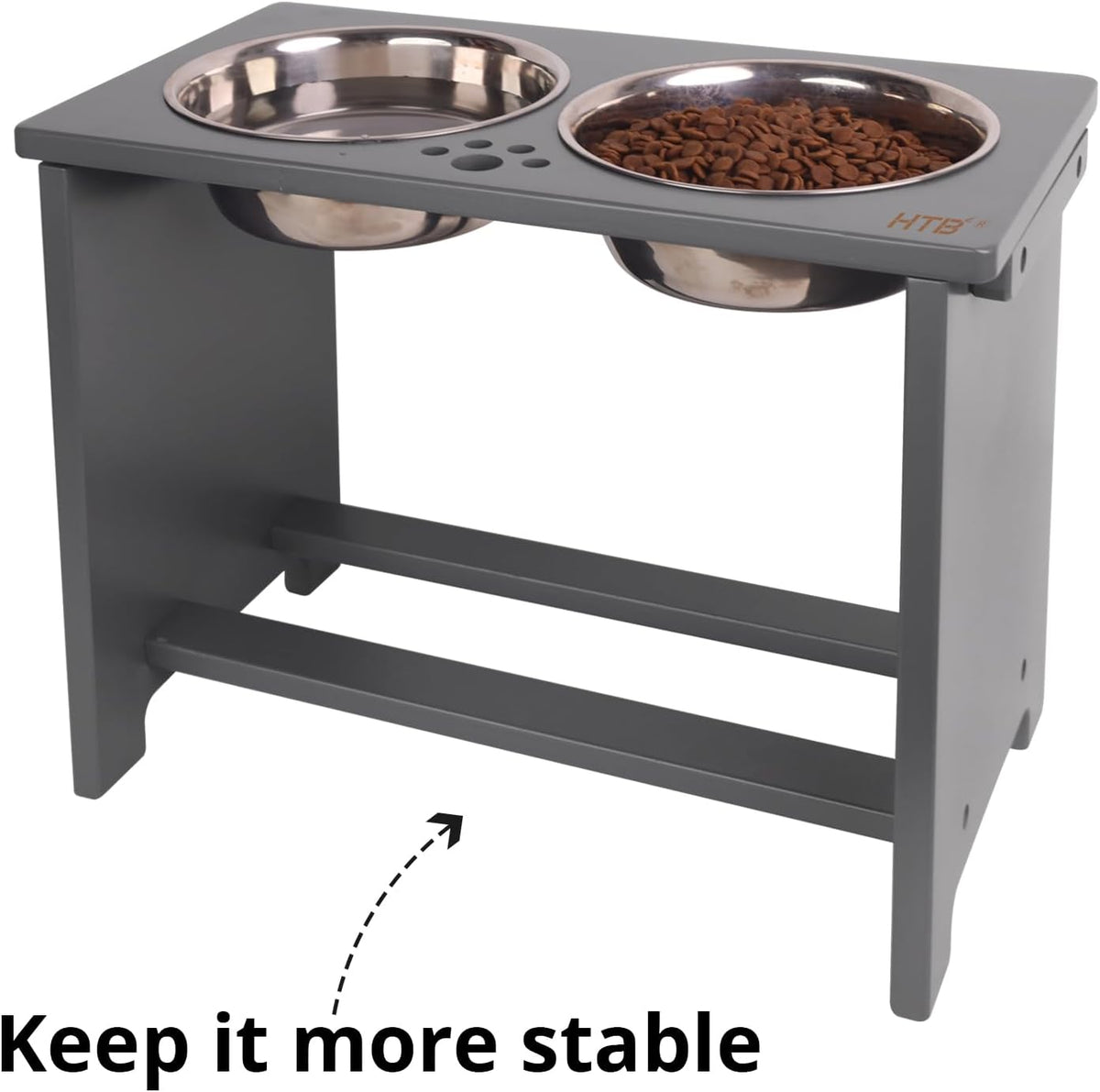 HTB Elevated Dog Bowl Stand with 2 Stainless Steel Bowls-14 H X-Large Grey | Raised Dog Bowl Stand, 14"tall, 48 Oz Bowls, for Large Sized Dogs, Pet-safe, Solid Bamboo
