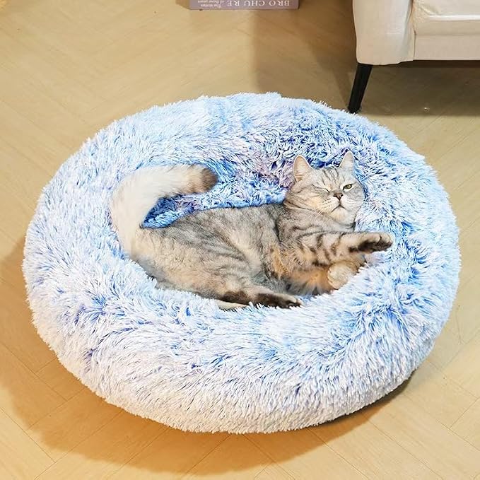 Cat Beds for Indoor Cats - Cat Bed Washable 24 inches, Dog Beds for Small Medium Dogs, Anti Anxiety Round Fluffy Plush Faux Fur Cat Bed, Thick Bottom (Cornflower Blue, Large 24" L x 24" W)