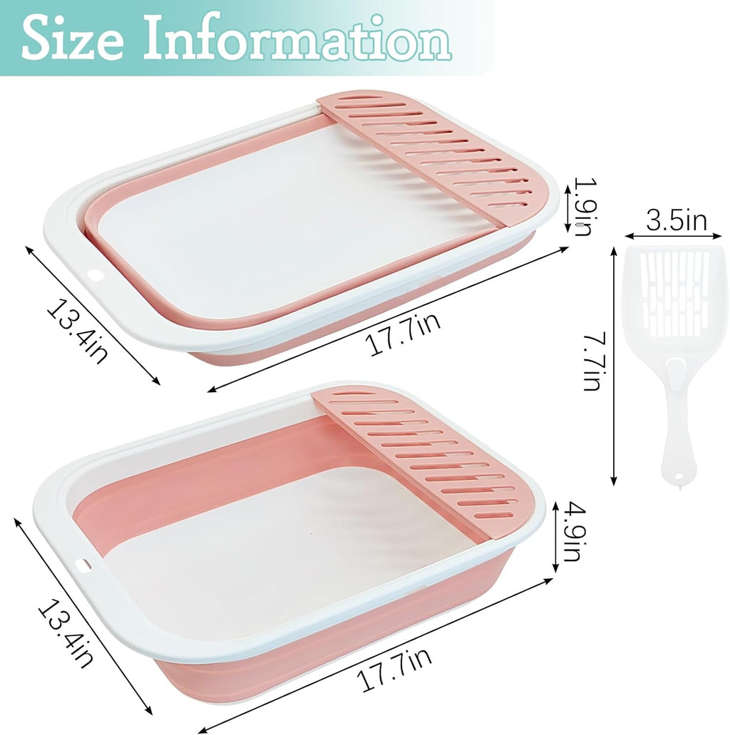 Fhiny Kitten Litter Box Portable Shallow Litter Box 17.7"x13.4"x4.9" Foldable Cat Toilet with Scoop Open Kitty Potty Pan with Litter Drop Pedal Easy to Clean Travel Kitten Toilet(Pink)