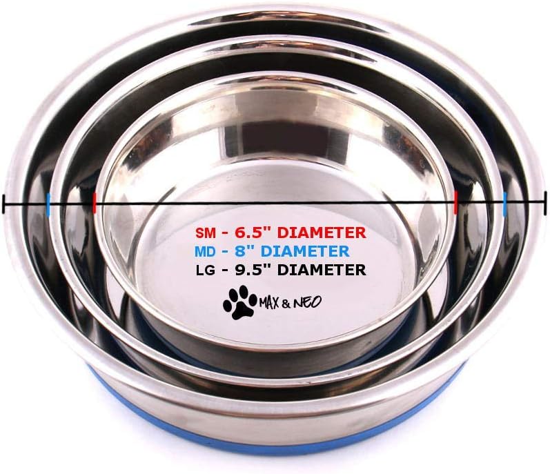 Max and Neo Heavyweight Non-Skid Rubber Bottom Stainless Steel Dog Bowl - We Donate a Bowl to a Dog Rescue For Every Bowl Sold (Large - 80oz - 9.5" Diameter) 