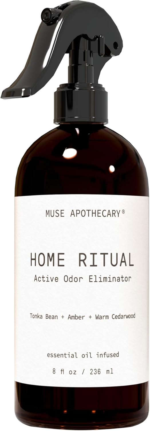 Muse Apothecary Home Ritual Active Odor Eliminator Spray - Furniture Deodorizer Spray & Bathroom Odor Eliminator for Home - Essential Oil Air Freshener - 8oz, Tonka Bean + Amber + Warm Cedarwood