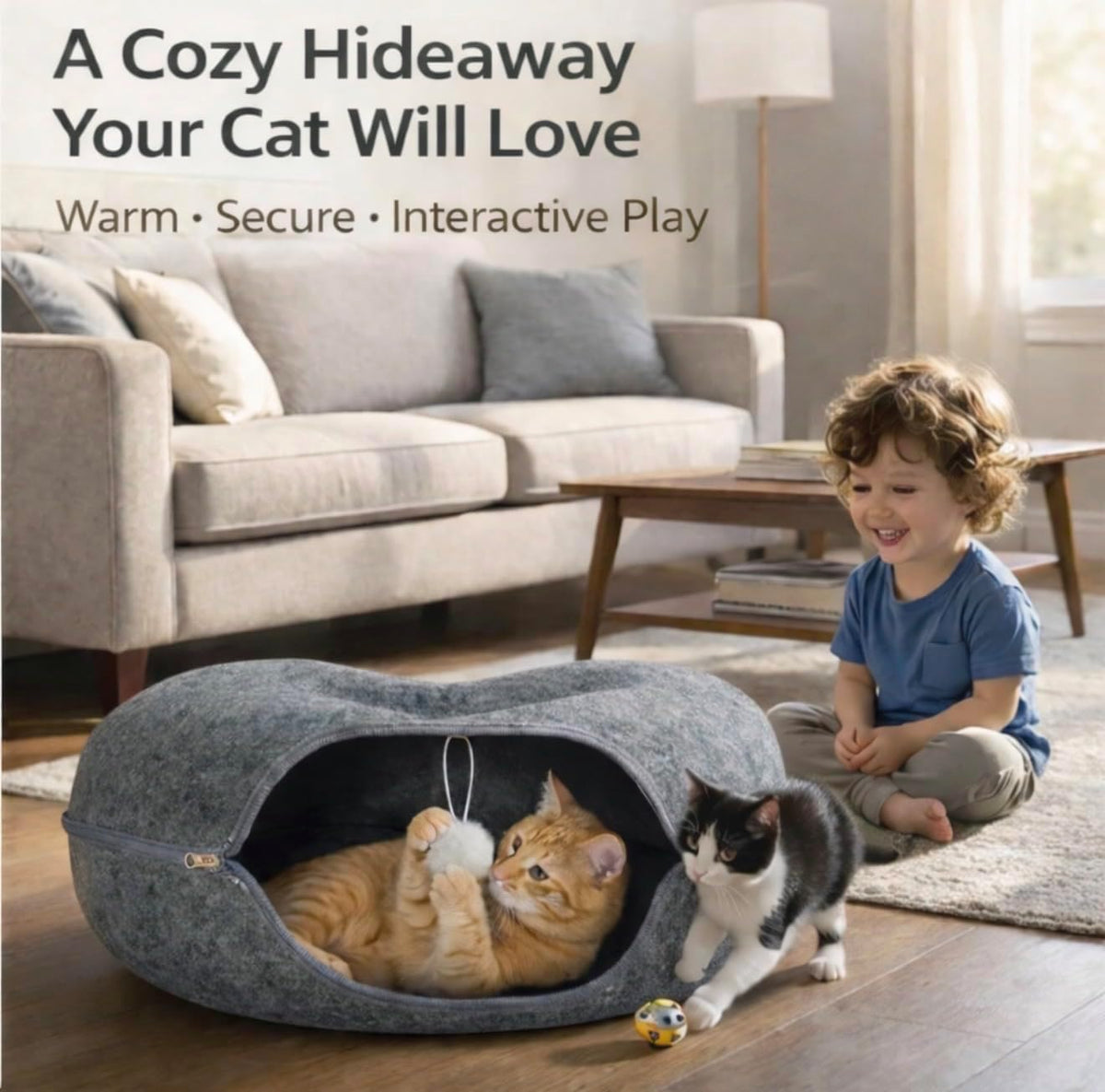 Cat Cave Tunnel Bed - Comfort Bedz Large Donut Cat House, Enclosed Felt Hideaway with Zipper, Top Perch, Interactive Toy, Washable for Indoor Cats up to 25lbs