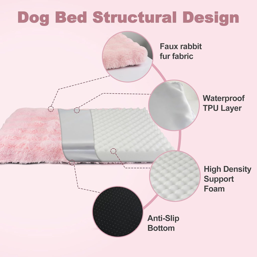 Orthopedic Dog Beds for XL Dogs, Fluffy Faux Rabbit Fur Pet Bed with Removable Washable Cover, Dog Bed Mat with Egg Crate Foam & Waterproof Lining, Anti Slip Bottom, Pink,44"x32"x4"