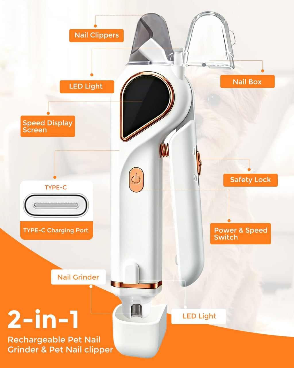 2-in-1 Dog Nail Clippers & Cat Grinder with Dual LED Lights (White)