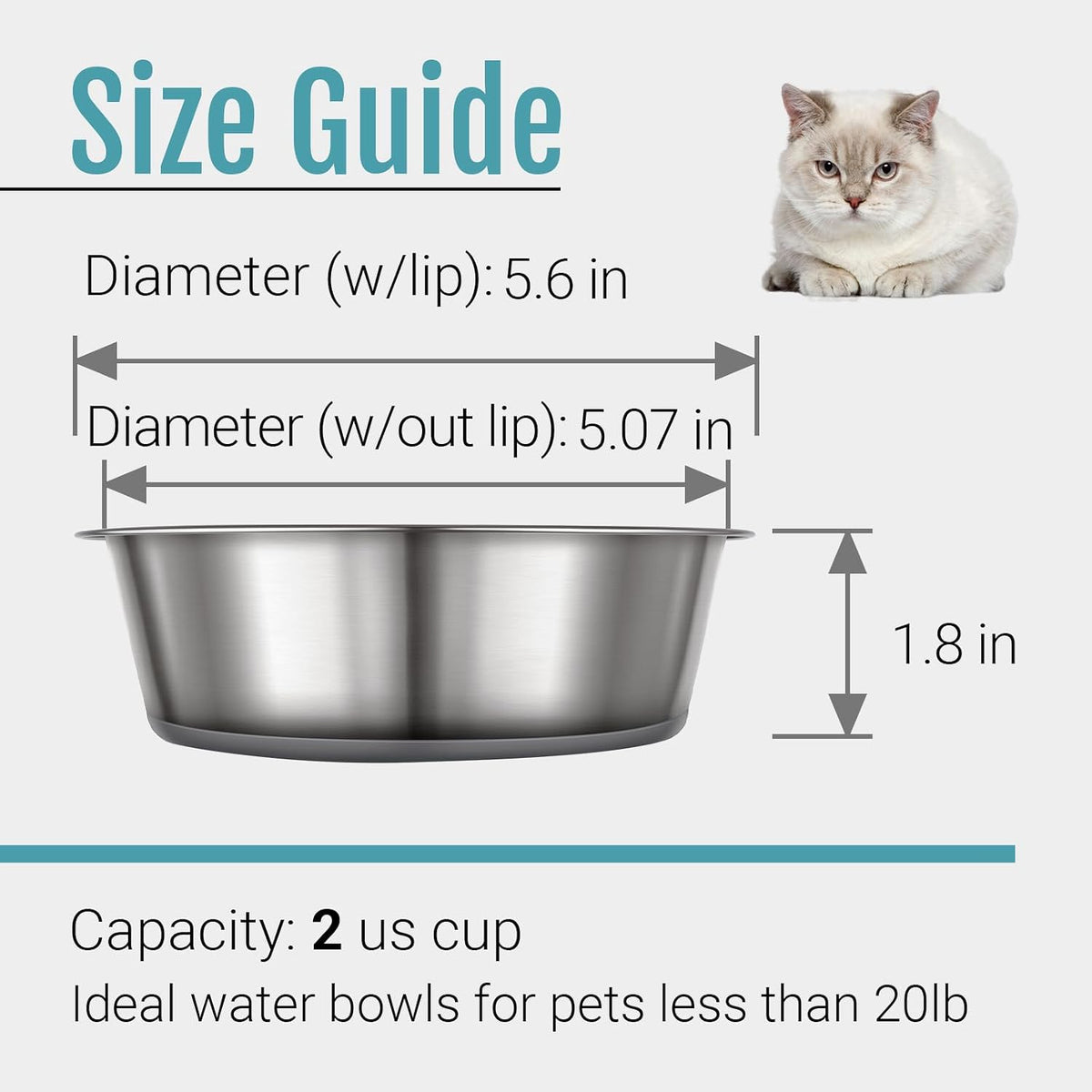 Nonslip Stainless Steel Dog Cat Bowls, 2 US Cup, 2 Count | No slide silicone bottom, Dishwasher safe, Easy to clean, Stackable design