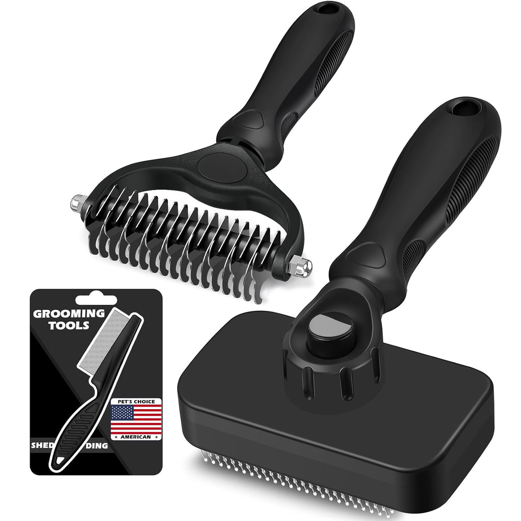 Professional 3PCS Self Cleaning Slicker Brush & Pet Grooming Rake & Flea Comb for Dogs,Cats and Horses | Double-Sided Dematting Comb & Skin Friendly Deshedding Grooming Tool | Pet Supplies