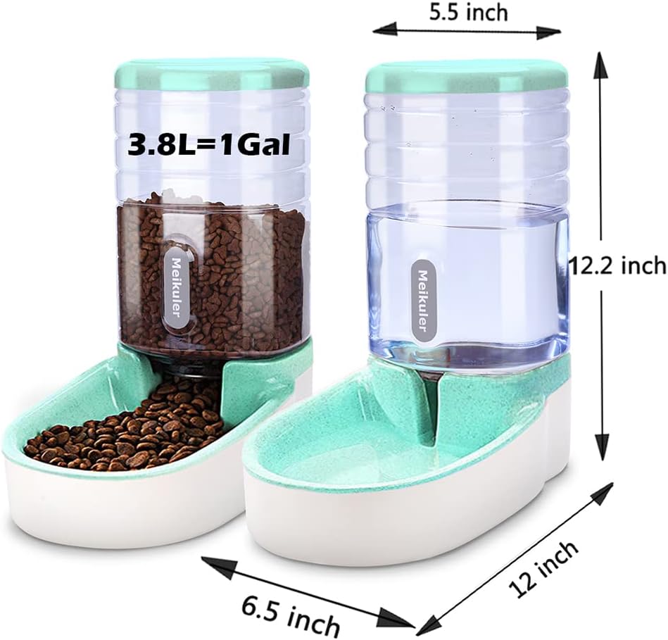 Meikuler Automatic Dog Cat Feeder and Water Dispenser Set,Waterer and Gravity Food Feeder for Small & Medium Dogs Cats Puppies,Large Capacity 1 Gallon x 2 (Green)