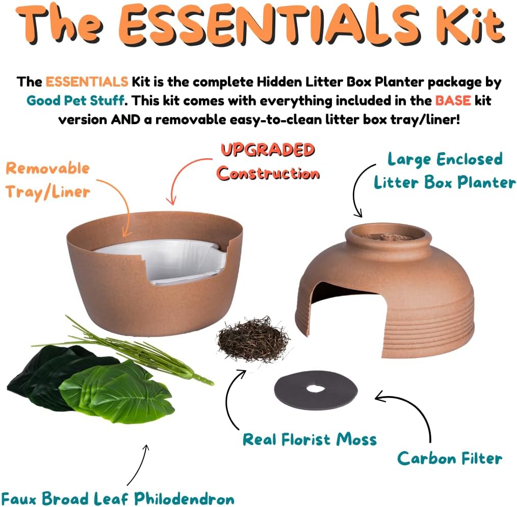 Good Pet Stuff Original Hidden Litter Box Planter, Decorative Cat Litter Enclosure, Carbon Filter, Faux Plant, Round Design, Easy Clean Litter Tray, Essentials Kit, Broad Leaf Plant, Terracotta Brown