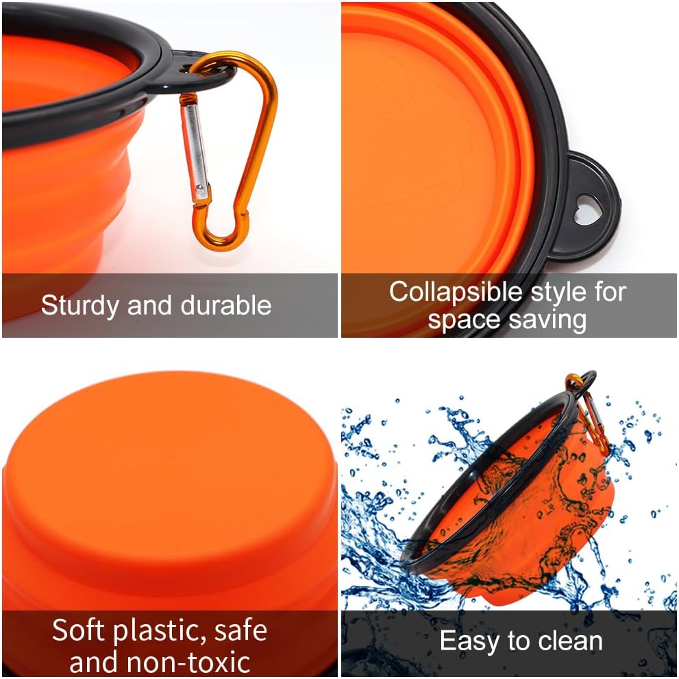SLSON Collapsible Dog Bowls, 2 Pack, Portable Pet Feeding Watering Dish for Traveling with Carabiners (Small, Orange+Pink) 