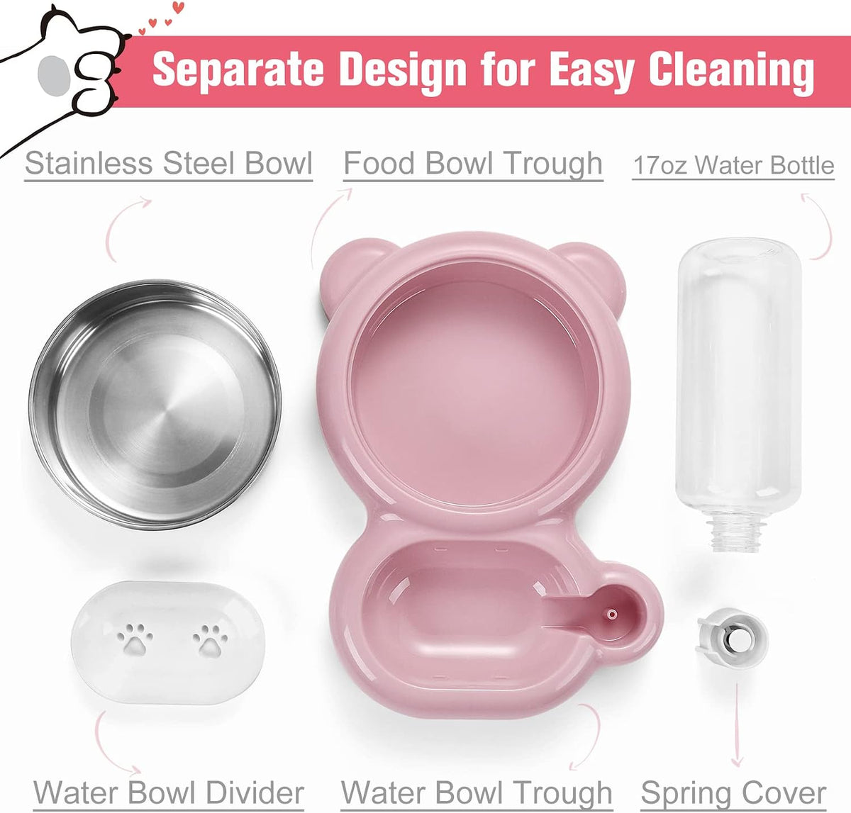 Dog Bowls, Cat Food and Water Bowl Set with Water Dispenser and Stainless Steel Bowl for Cats and Small Dogs - Pink 
