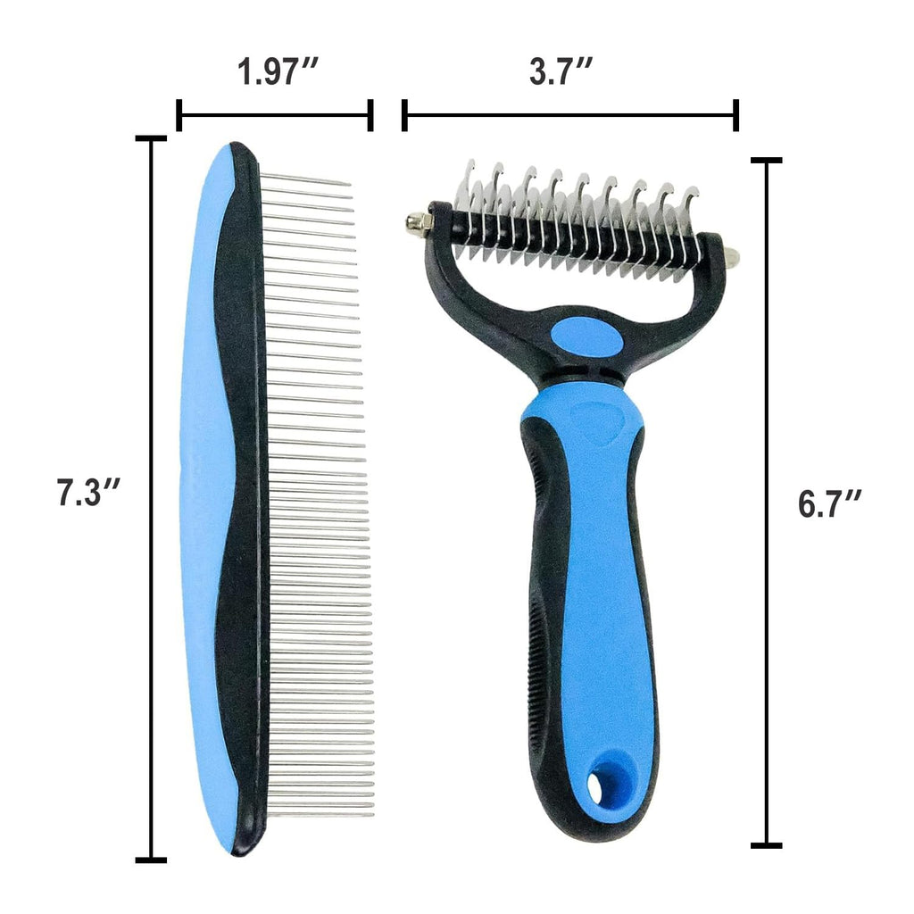 Pet Grooming Rake for Dogs & Cats - Double-Sided Deshedding and Dematting Tool, Gently Remove 95% of Loose Undercoat & Mats for Long-Haired Pets, Painless Fur Brush for Shedding Control (Blue+Comb)