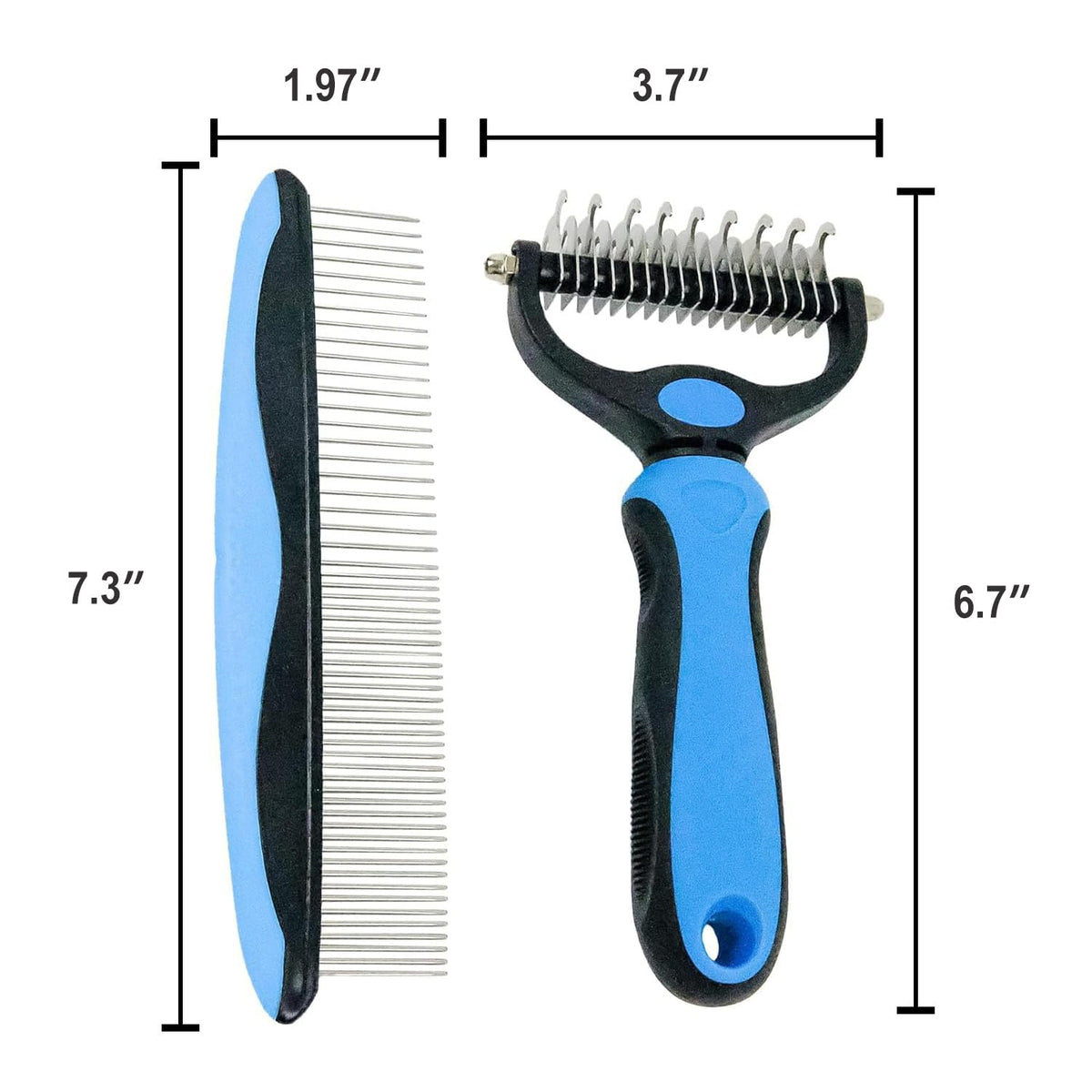 Pet Grooming Rake for Dogs & Cats - Double-Sided Deshedding and Dematting Tool, Gently Remove 95% of Loose Undercoat & Mats for Long-Haired Pets, Painless Fur Brush for Shedding Control (Blue+Comb)