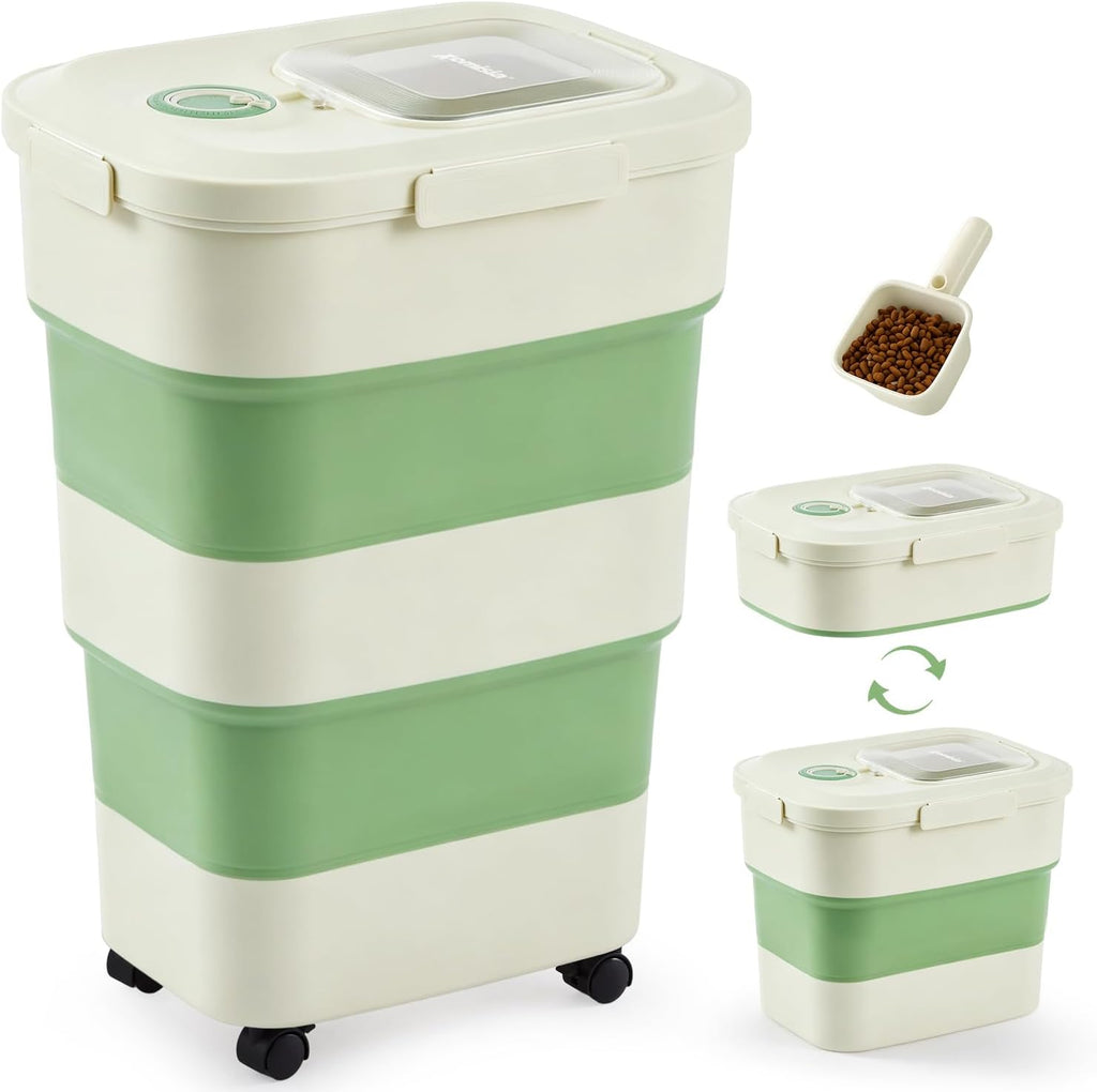 ZOMISIA 40-50lbs Collapsible Dog Food Storage Container with Wheels, Green