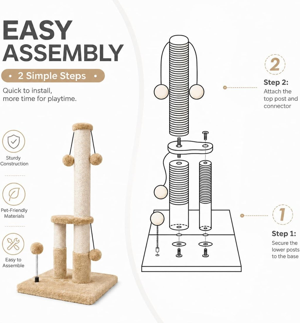 Dimaka Tall Cat Scratching Post, Double Lower Posts Extra Stable Cat Post Tree Scratcher with Sisal Rope and Teasing 4 Balls Total Large Base (Light Brown)