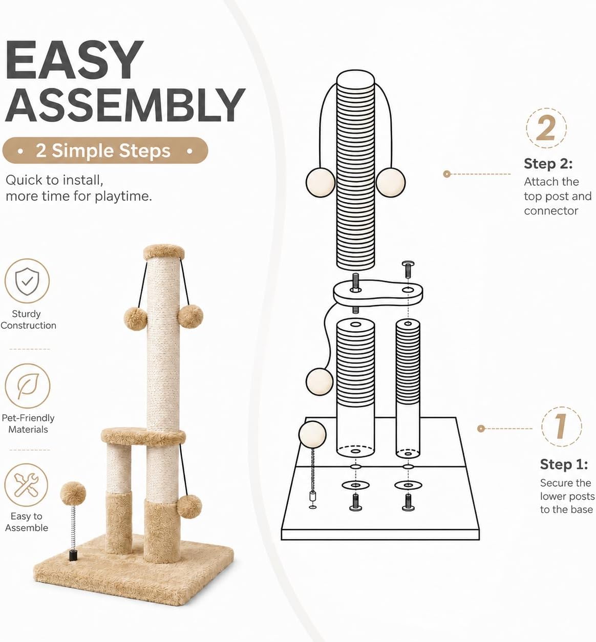 Dimaka Tall Cat Scratching Post, Double Lower Posts Extra Stable Cat Post Tree Scratcher with Sisal Rope and Teasing 4 Balls Total Large Base (Light Brown)