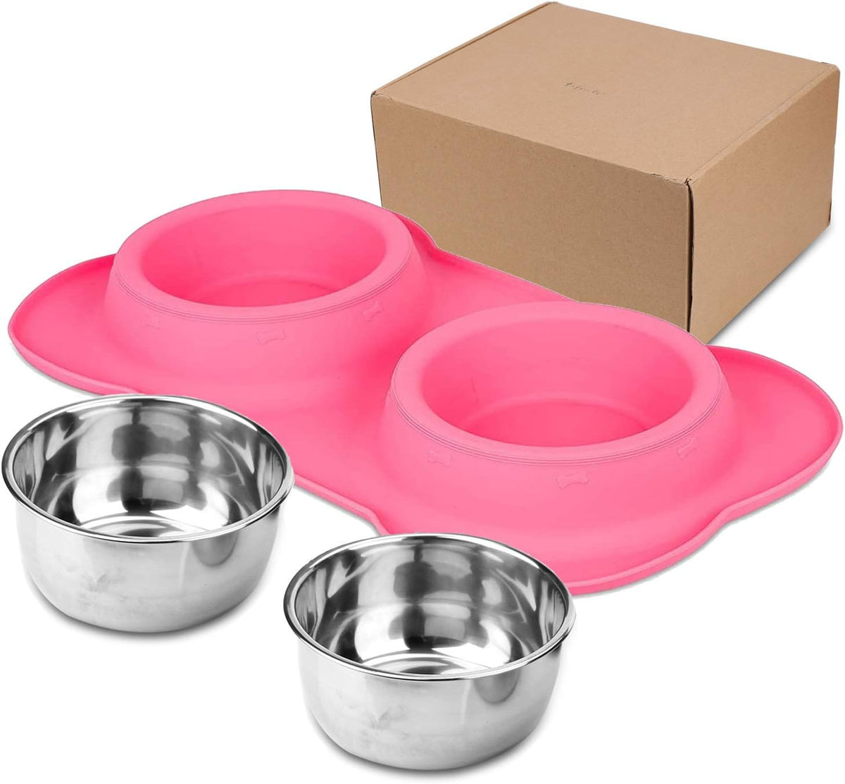 AsFrost Dog Food Bowls Stainless Steel Pet Food Bowls & Dog Water Bowls, Dog Bowls Silicone Mat No Spill Non-Skid Feeding Bowls for Small Size Dog Puppy Cat Food Dish, Pink, 3 Cup/24oz, Set of 2 Bowls 