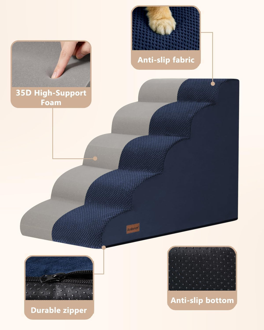 Aodisman Dog Stairs for High Beds,5 Step Pet Ramp for Dogs and Cats,22.4" H
