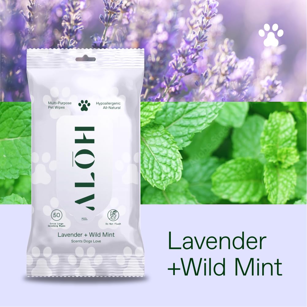 ALŌH Hypoallergenic Pet Wipes for Dog, Lavender & Wild Mint, All-Natural | Grooming & Cleaning Wipes for Paws, Butt, Face & Body - Sensitive Skin Safe with Coconut & Avacado Oil - 50 Wipes