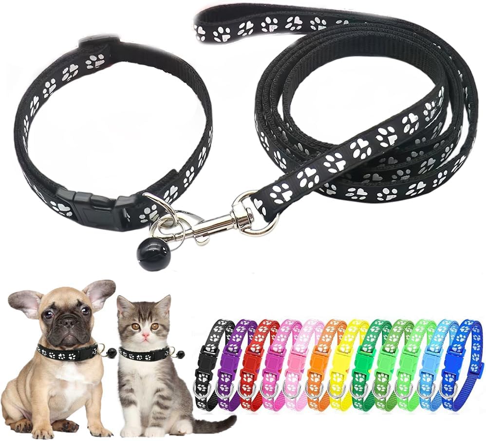 Black Bell Collar for Small Dogs, Puppy Collar and Leash Set Pawprint XSmall Dog Collar Adjustable Kitten Collar with Bell for Tiny Little XXS XS Extra Small Breed Pets Dogs Cats Girls Boys