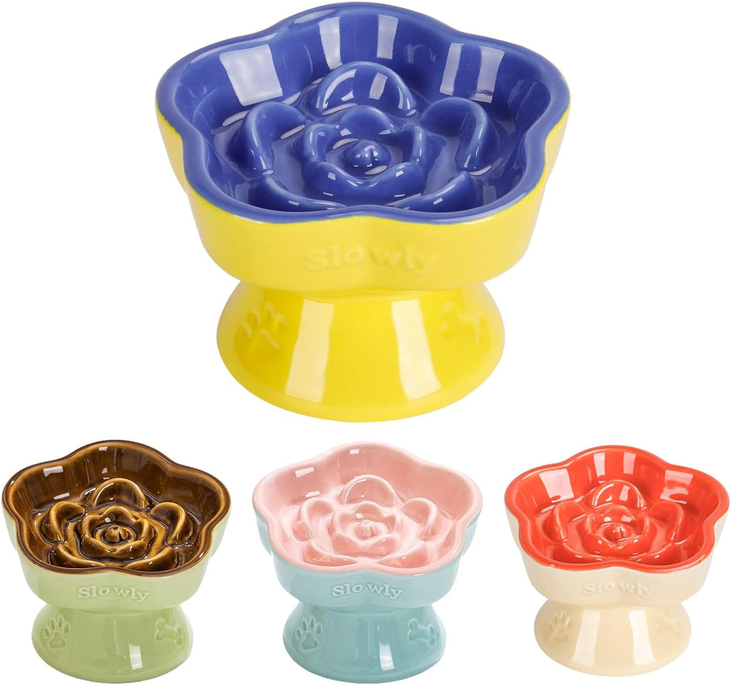 S&Q's CERAMICS Raised Slow Feeder Cat Bowl, Ceramic Elevated and Titled Pet Food Bowl, Small Dogs Slow Feeder, Flower Shaped Dish for Dry and Wet Food (Blue, 5.8")