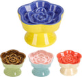 S&Q's CERAMICS Raised Slow Feeder Cat Bowl, Ceramic Elevated and Titled Pet Food Bowl, Small Dogs Slow Feeder, Flower Shaped Dish for Dry and Wet Food (Blue, 5.8")