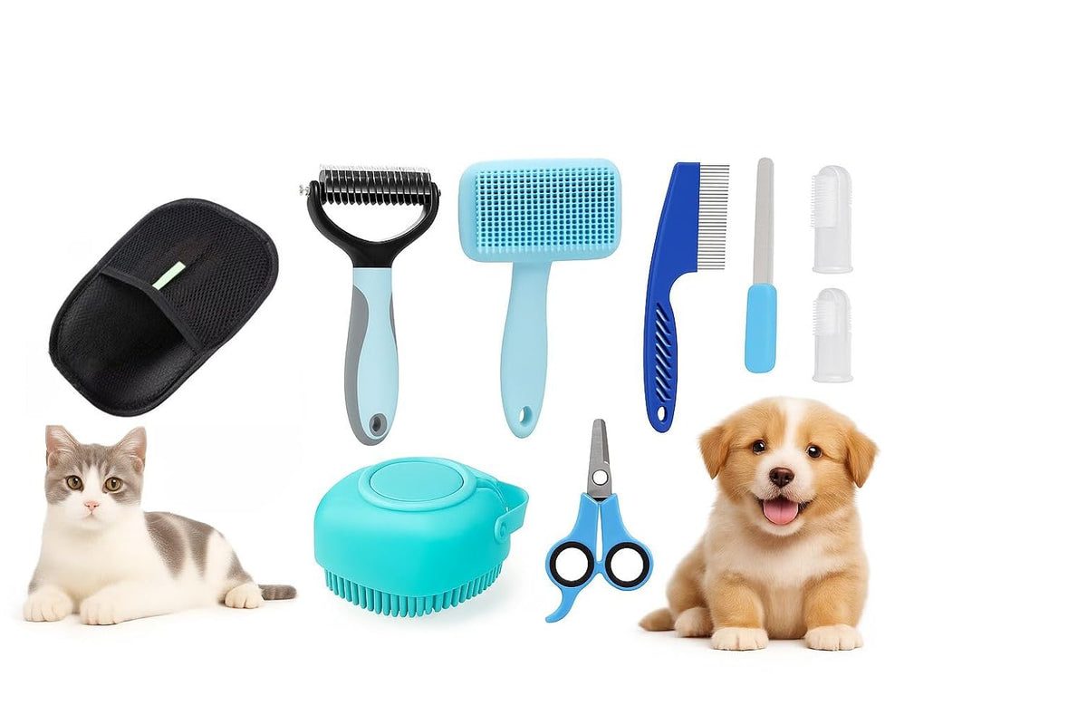 9-in-1 Pet Grooming Kit, Self-Cleaning Slicker Brush, Deshedding Rake, Lint Remover, Nail Clipper & More, Complete Cats & Dog Care Set.