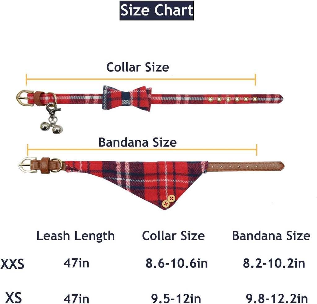 3PCS Bow Tie Dog Collar and Leash Set Plaid/Camo/Dots/Flower Dog Bandanas with Bell 3 Size Adjustable for Small Dogs Puppies and Cats (XS, Red Plaid 3)