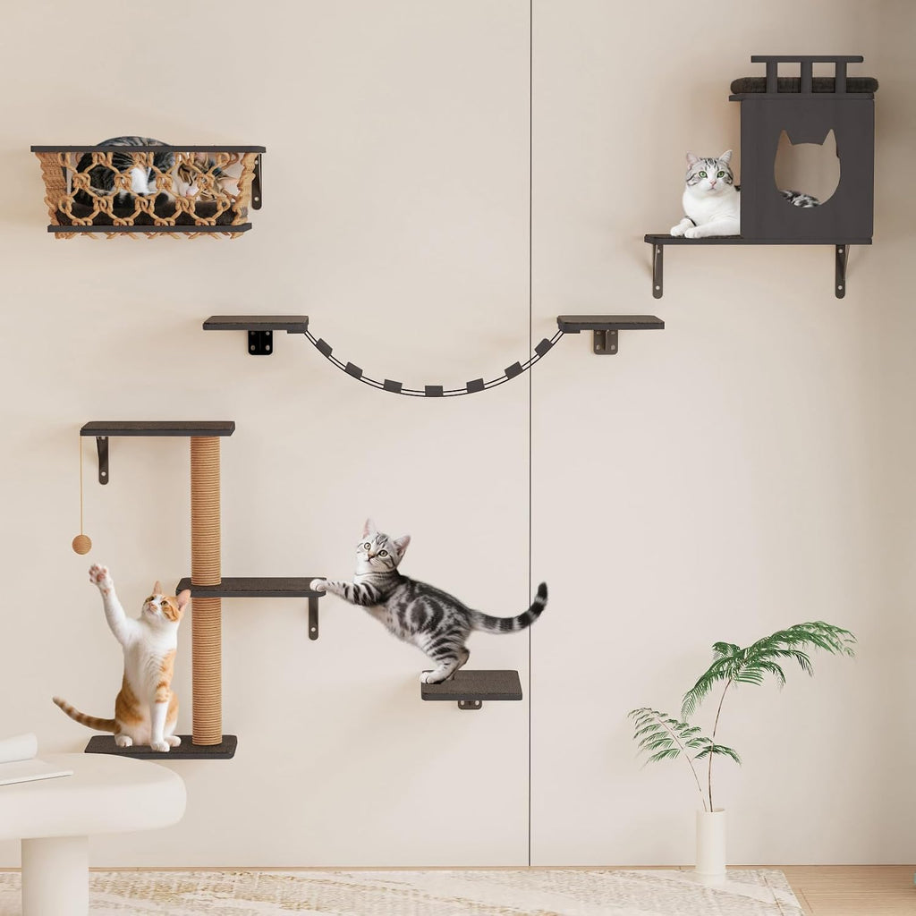 5-in-1 Cat Wall Shelves Set with Hammock, Wall-Mounted Cat Furniture Includes Condo, Bridge, Ladder & Steps for Indoor Cats, Safe & Stable (Dark Gray)