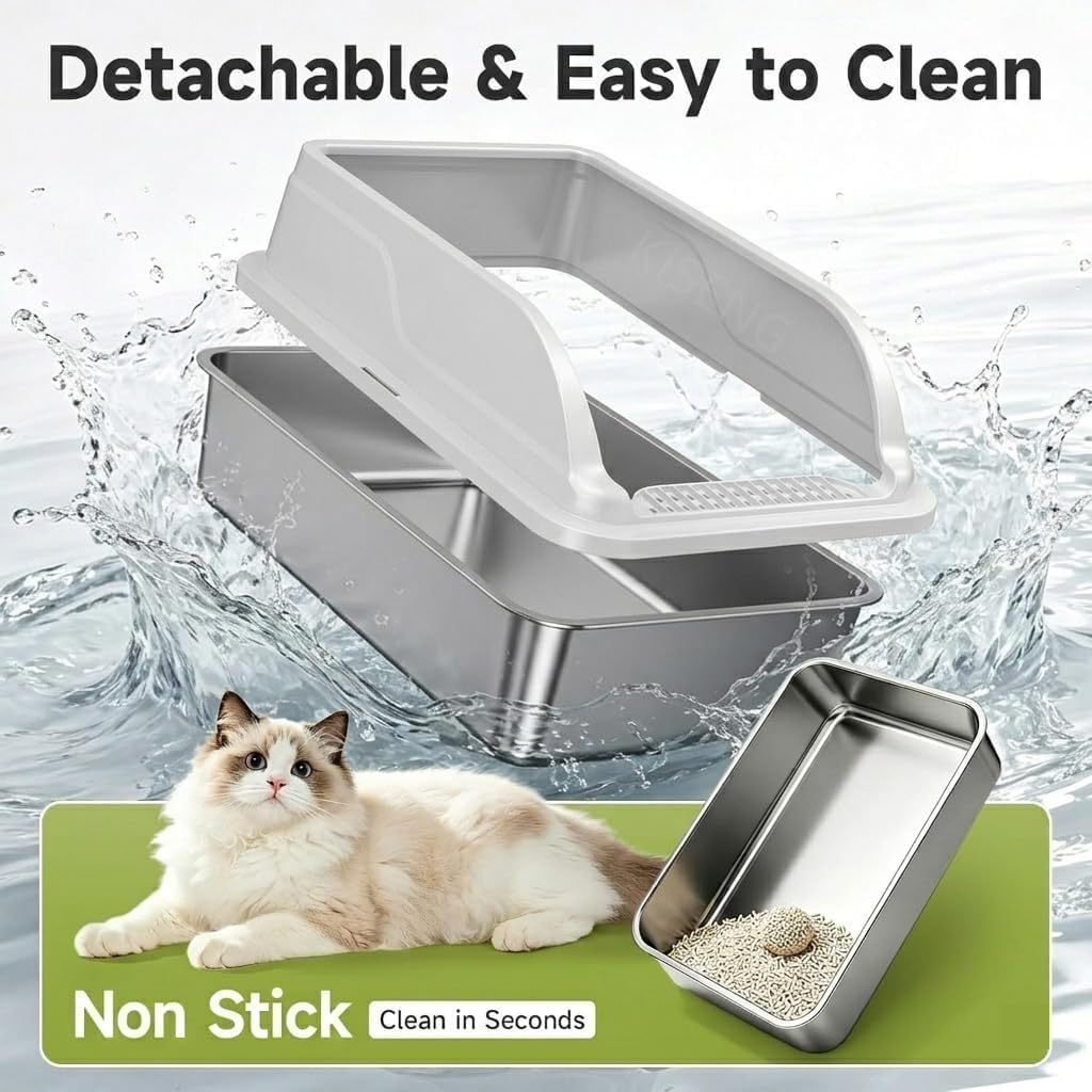 Stainless Steel Cat Litter Box, Large Odor-Free High-Sides | Low entry for easy access, suitable for senior & all cats, entry grid cleans paws, non-slip rounded edges, scoop included