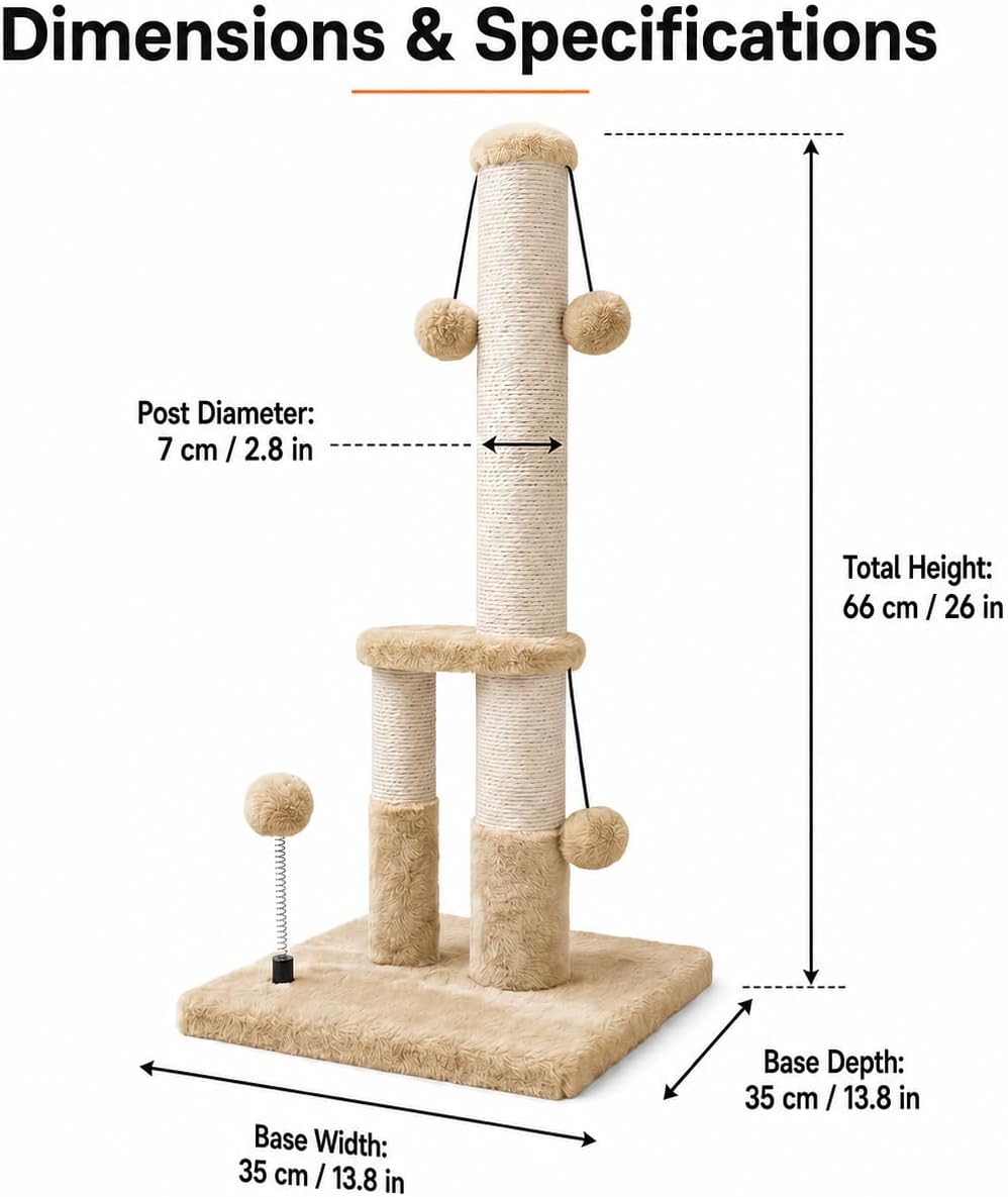 Dimaka Tall Cat Scratching Post, Double Lower Posts Extra Stable Cat Post Tree Scratcher with Sisal Rope and Teasing 4 Balls Total Large Base (Light Brown)