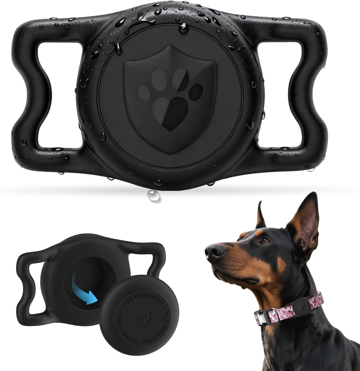 IP68 Waterproof AirTag Holder for Dog Collar, Silicone, Black