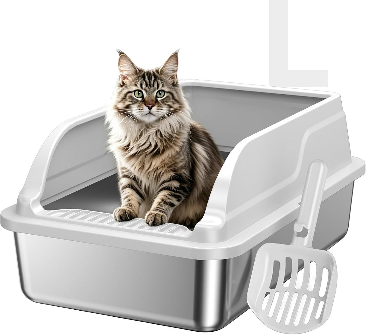 Stainless Steel Cat Litter Box, Large Odor-Free High-Sides | Low entry for easy access, suitable for senior & all cats, entry grid cleans paws, non-slip rounded edges, scoop included