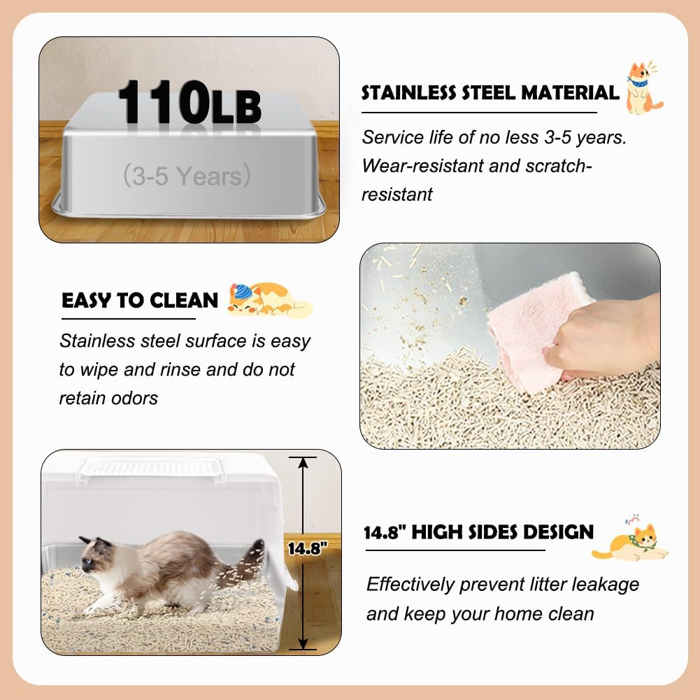 Vivifying XL Enclosed Stainless Steel Cat Litter Box with Lid, Beige | Spacious High-Sided Design with Removable Front Flap, Three Setup Modes, Scoop, and Easy-Clean Stainless Steel Pan