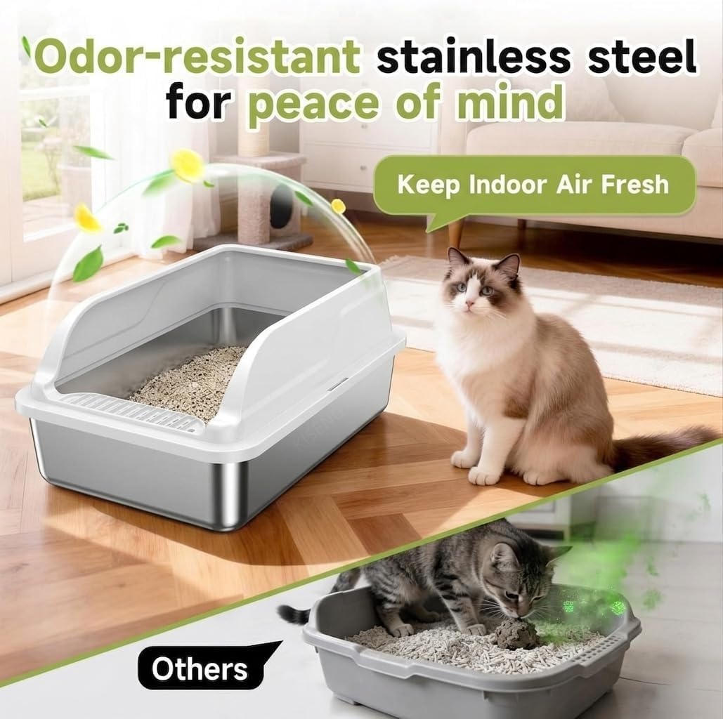 Stainless Steel Cat Litter Box, Large Odor-Free High-Sides | Low entry for easy access, suitable for senior & all cats, entry grid cleans paws, non-slip rounded edges, scoop included