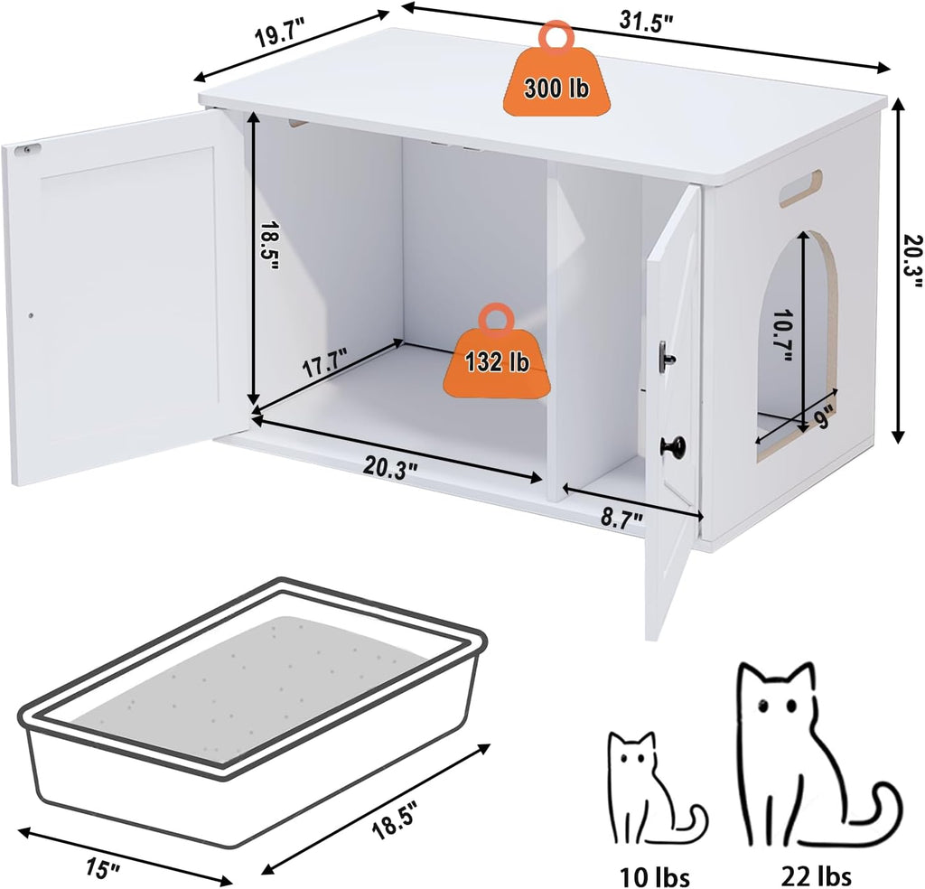 Timberer Cat Litter Box Enclosure, Hidden Litter Box Furniture with Divider | Wooden Cat Washroom Furniture, Indoor Cat House, Dog-Proof, Fits Most of Litter Box, White