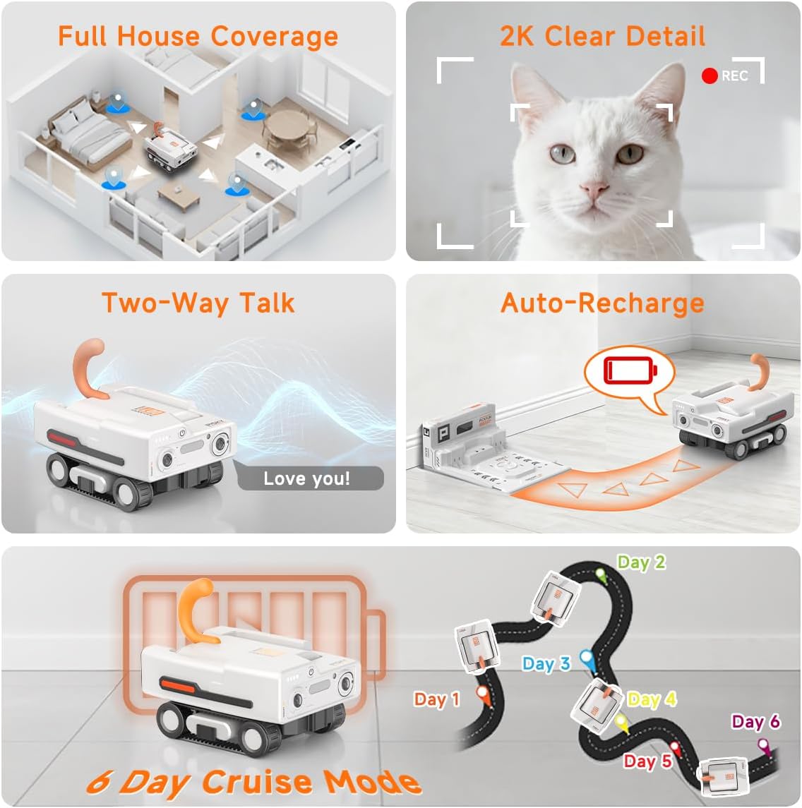 PMATE Self-Moving Pets Camera AI-Powered Rover with Auto Tracking & Patrol, 2K Live View, Night Vision, 2-Way Talk, and Auto-Recharge (A3-White)